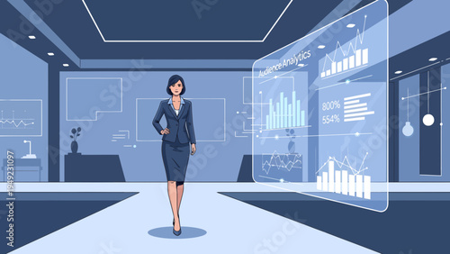 Businesswoman analyzing futuristic holographic financial data charts.