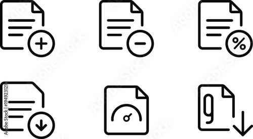 Collection of six distinct document icons representing various operations like adding subtracting percentage download speed and gravity isolated on transparent background