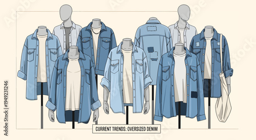 Denim Fashion Collection Displayed on Mannequins.