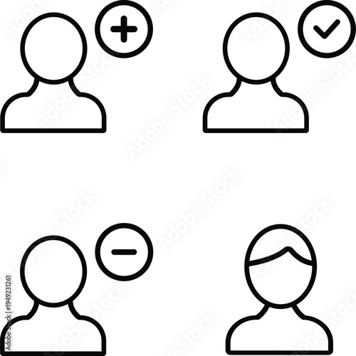 Collection of user interface icons representing adding removing and confirming profiles on a transparent background