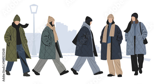 Diverse group of people walking in winter coats and hats.