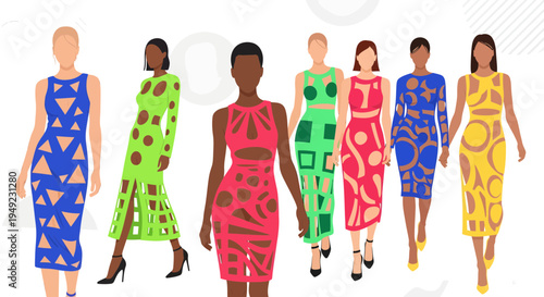 Diverse group of women showcasing vibrant African print dresses.