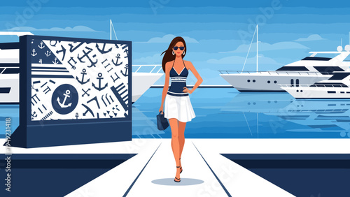 Elegant Woman Walking on Pier with Yachts in Background.