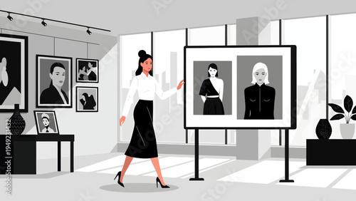 Elegant Woman Walking Through Art Gallery Displaying Portraits.