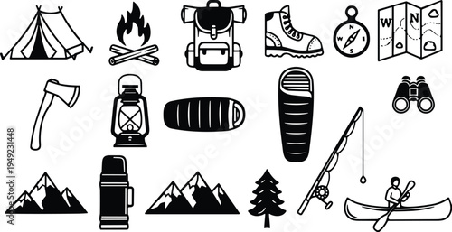 Camping icons collection, tent, campfire, backpack, hiking boot, compass, lantern, sleeping bag, fishing, canoe, mountain, outdoor adventure illustration