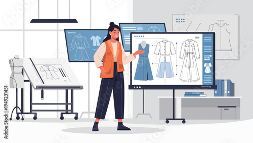Fashion designer presenting digital clothing designs on a large screen.