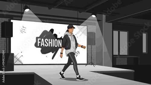 Fashion model walking on runway during show.