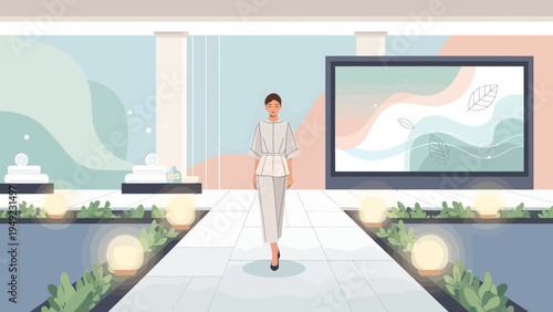 Fashion model walks down runway in stylish outfit.