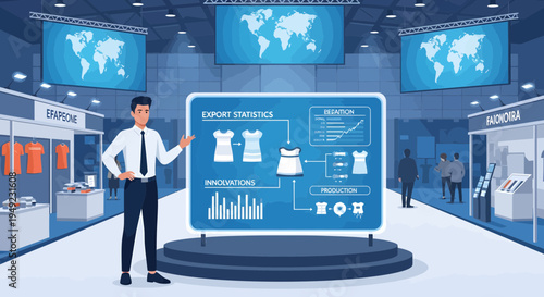 Man Presenting Fashion Technology Innovation on Digital Display.