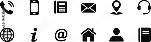 Communication icons set, phone, smartphone, landline, email envelope, location pin, headset, globe, info, at symbol, home, user, directory