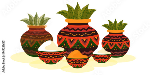 Traditional Indian decorated clay pots with green leaves, rice bowl, and turmeric bowl, festive kalash and ritual vessel set in colorful ethnic flat design isolated on light background