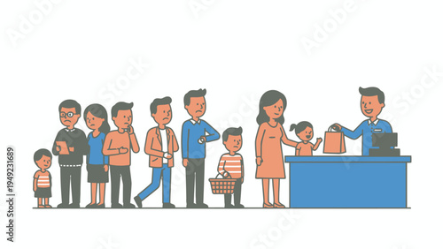 People queueing at a store checkout counter illustration