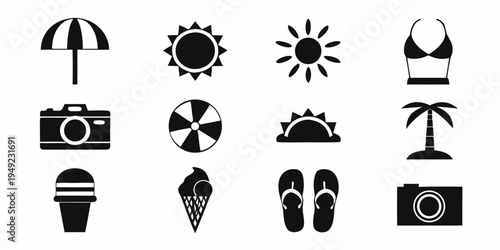 Black and white summer icons featuring beach and vacation elements