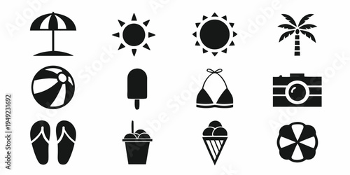 Black silhouette icons depicting summer vacation and tropical elements