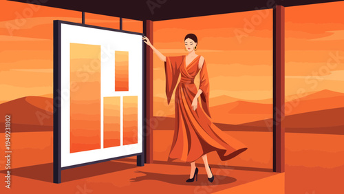 Woman in elegant dress presenting data on a large screen.