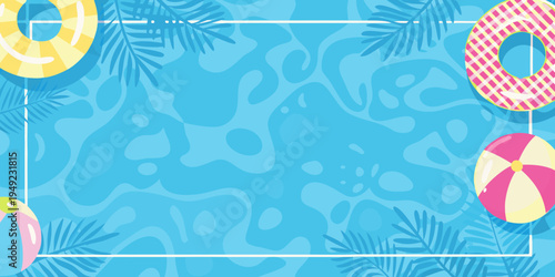 A vibrant top down view of summer pool essentials and turquoise water