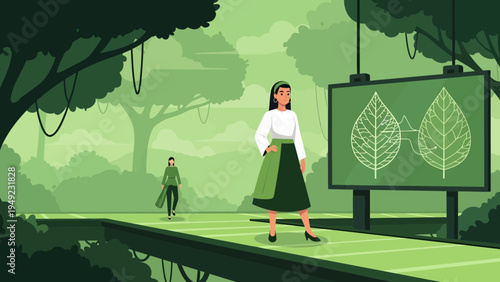 Woman in green dress on runway with leaf display.