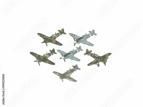 WW2 Fighter Planes Illustration Collection Isolated on White
