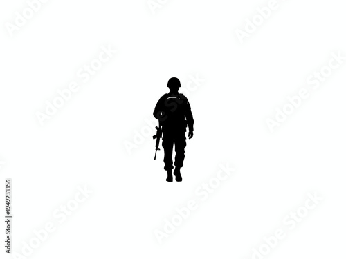 Soldier silhouette walking with rifle on white background