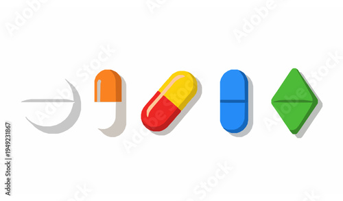 Colorful pill and capsule icons vector illustration flat cartoon style
