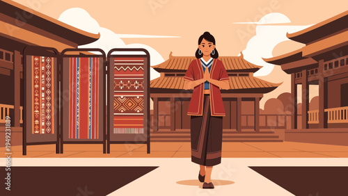 Woman in Traditional Attire Offering Greeting.