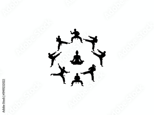 Martial arts silhouettes in circle around meditation pose
