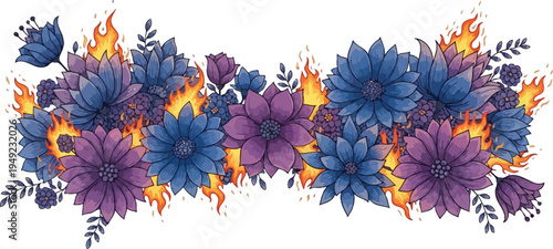 A vibrant floral arrangement with blue and purple flowers surrounded by flames on a white background