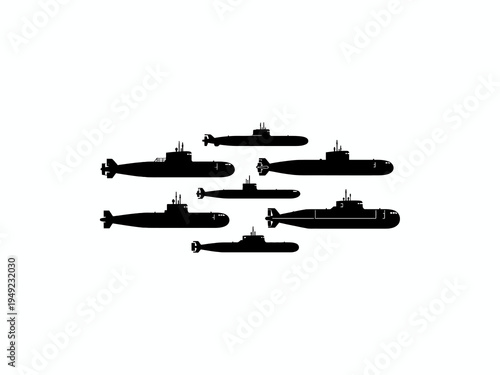 Military submarine silhouettes set on white background