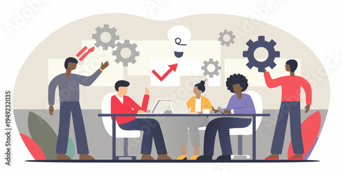 Diverse team collaborating on innovative ideas with gears and a lightbulb