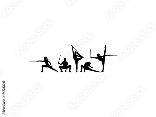 Martial arts silhouettes with swords in various athletic poses