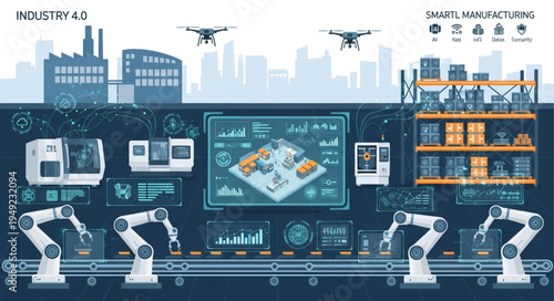 Modern automated factory with robotic arms and drones.