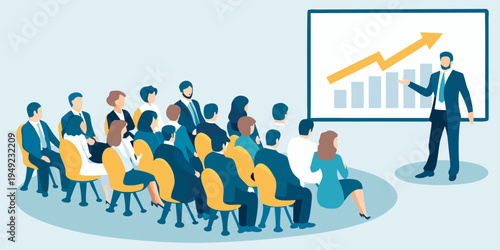 A business professional presents to an audience with a rising graph