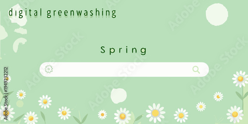 Digital greenwashing concept with spring flowers and a search bar illustration