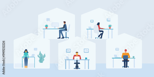 People working remotely from home in a connected digital illustration