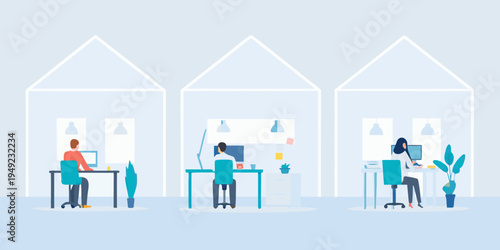 People working remotely from home offices in a connected illustration