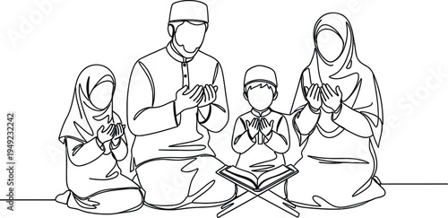 Muslim Family Praying Together Line Art Ramadan Islamic Prayer