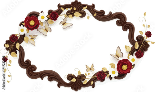 A beautifully designed brown frame adorned with red roses, yellow flowers, and butterflies on a white background.