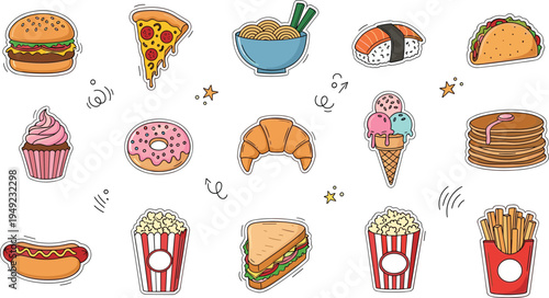 Fast Food and Snack Doodle Icon Collection with Burger, Pizza, Ramen, Sushi, Donut, Cupcake, Pancakes, Popcorn and Fries Vector Illustration Set.