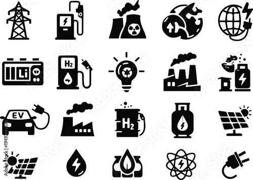 Energy icons collection, electricity, fuel pump, nuclear plant, solar panels, hydrogen, lithium battery, recycling, environment, renewable power, sustainability illustration