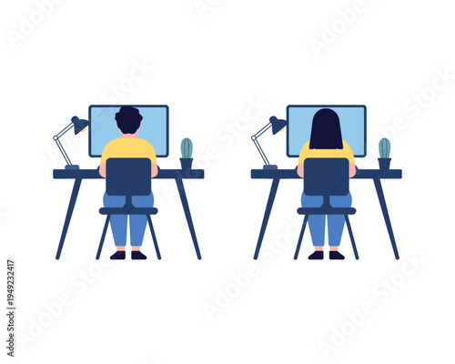 Two people working on computers at desks