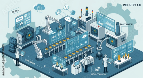 Industry 4.0 smart factory automation with robots and digital screens.