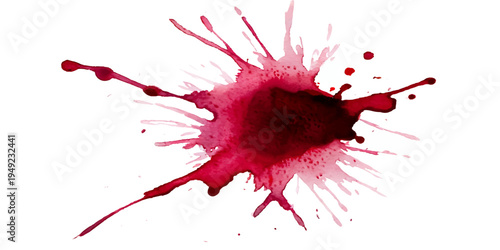 A vibrant red paint splash with grunge texture and liquid drips creates an artistic blood splatter pattern isolated on a white vector background