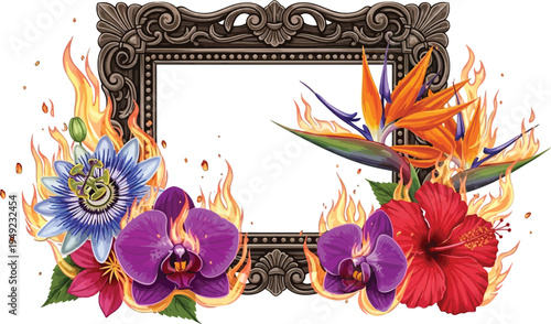 A vibrant floral arrangement with colorful flowers and an ornate frame surrounded by flames on a white background