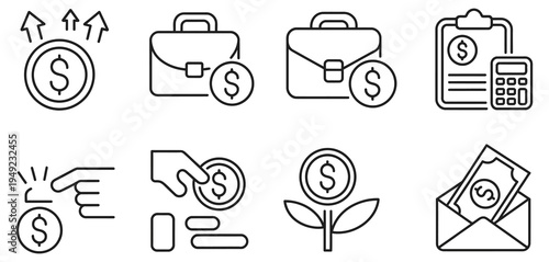 Business Finance and Investment Icons, briefcase calculator money plant cash payment symbols, financial growth concept
