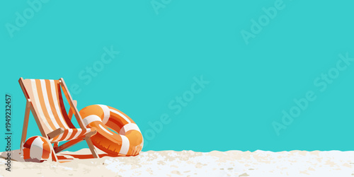 Beach chair and inflatable ring on a sandy shore summer vacation