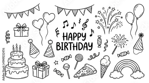Hand drawn black and white doodle set of happy birthday elements including cake and gifts, ideal for greeting card design, party invitation templates and digital scrapbooking projects