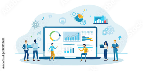 Team analyzing data and business growth strategies on a large screen