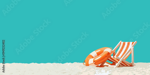 A striped beach chair and inflatable ring rest on white sand