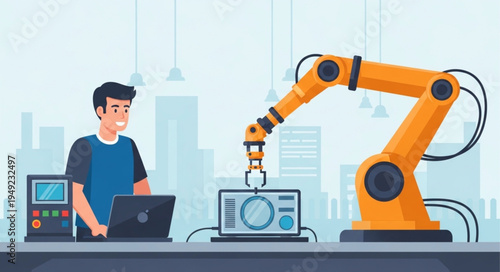 Man operating robotic arm with laptop and computer screen.