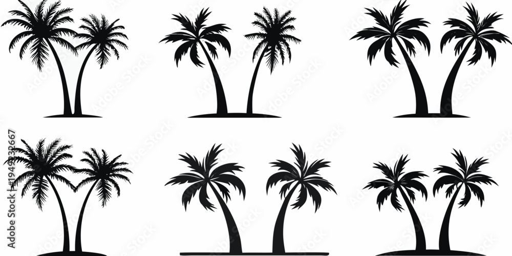Fototapeta premium Silhouettes of various palm trees against a stark white background